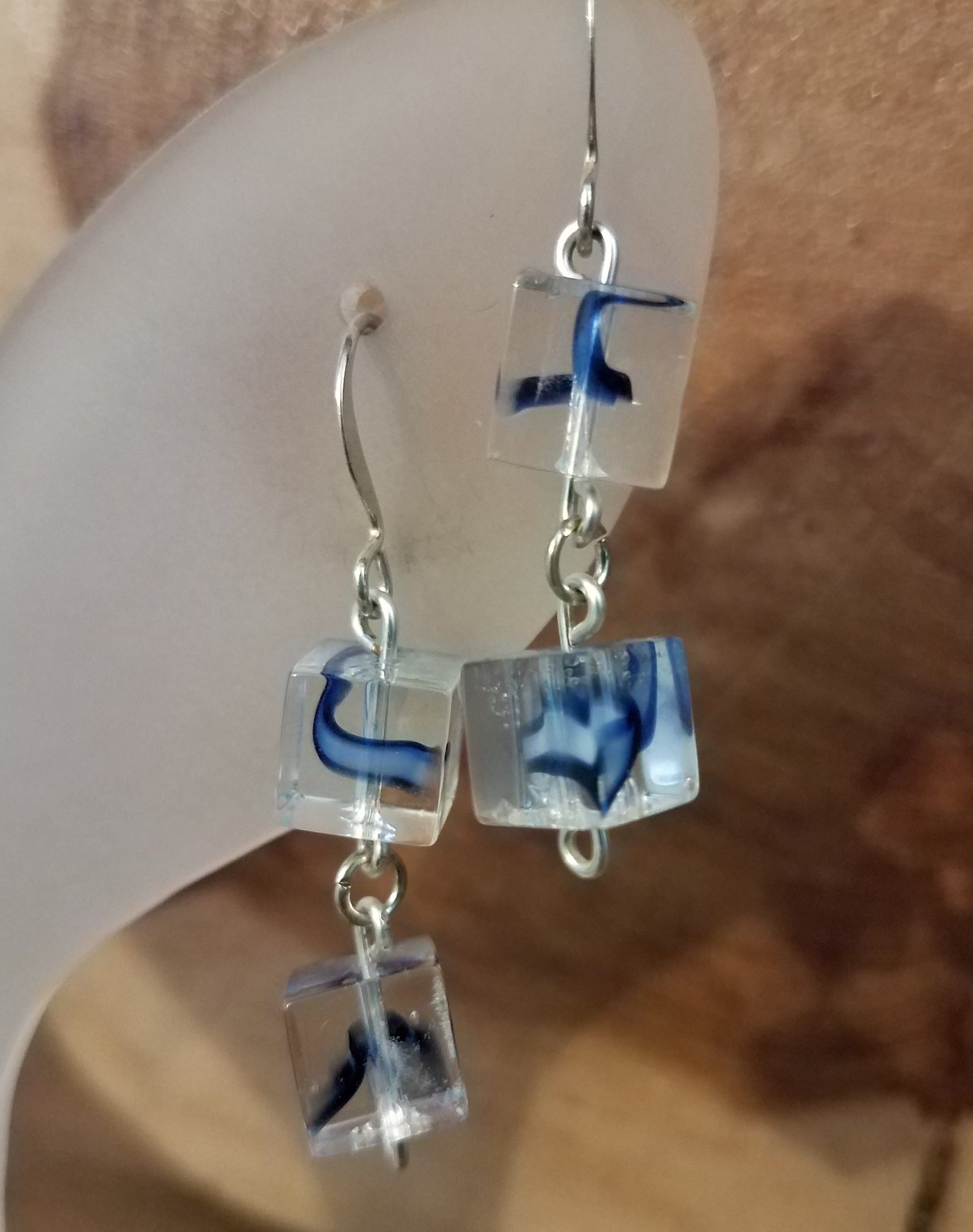 Handmade Blue Swirl & Clear Glass Dangle Earrings 1.5" Geometric Square Bead Casual Wear Fun