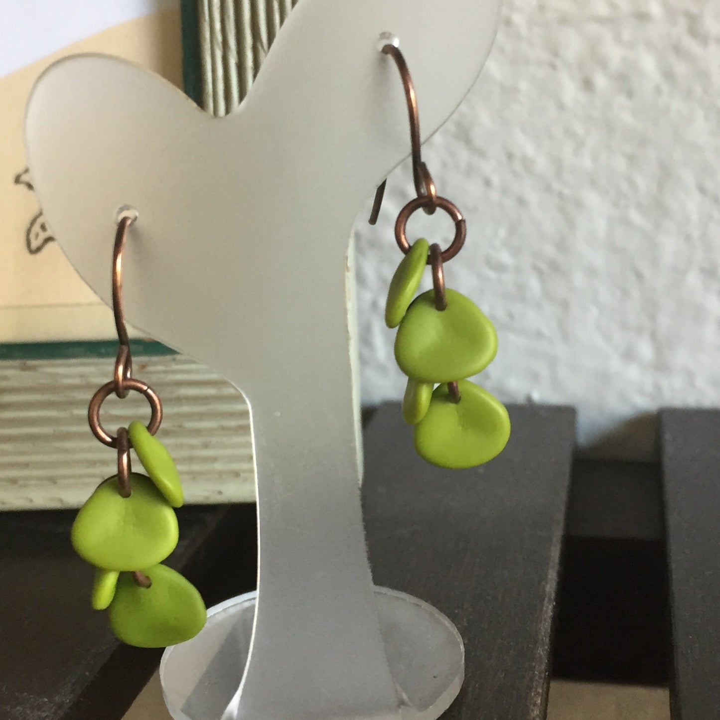 Handmade Czech Glass Leaf & Chain Dangle Earrings 1.25" Olive Green Copper Lightweight Fall Autumnal Colors Short