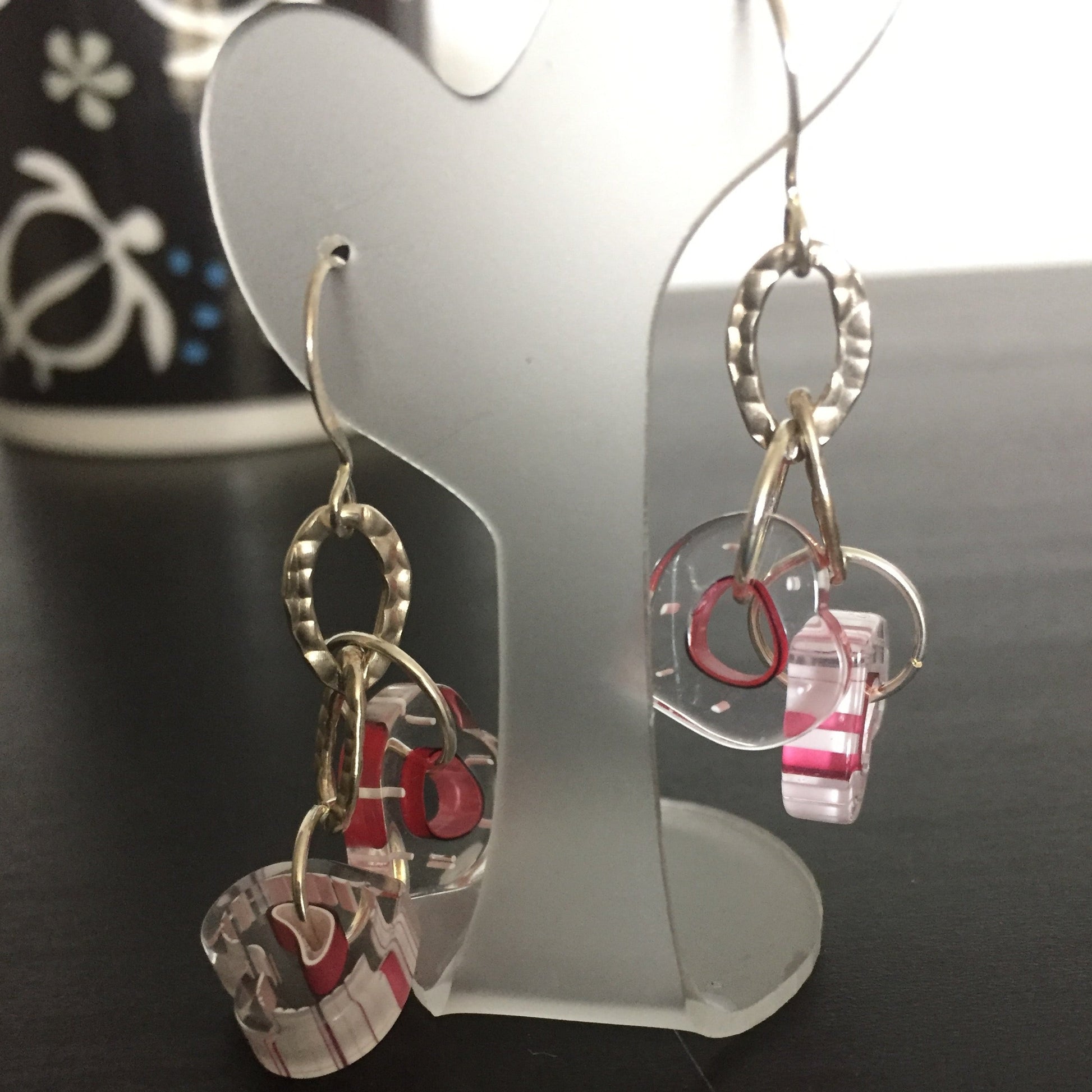 Handmade Cain Glass Heart & Chain Dangle Earrings 1.75" Clear Red Stripe Polka Dot Valentine's Love Statement