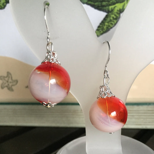 Red & White Candy Cane Swirl Blown Glass Ornament Earrings 1.5" Christmas Holiday Party Stocking Secret Santa Gift