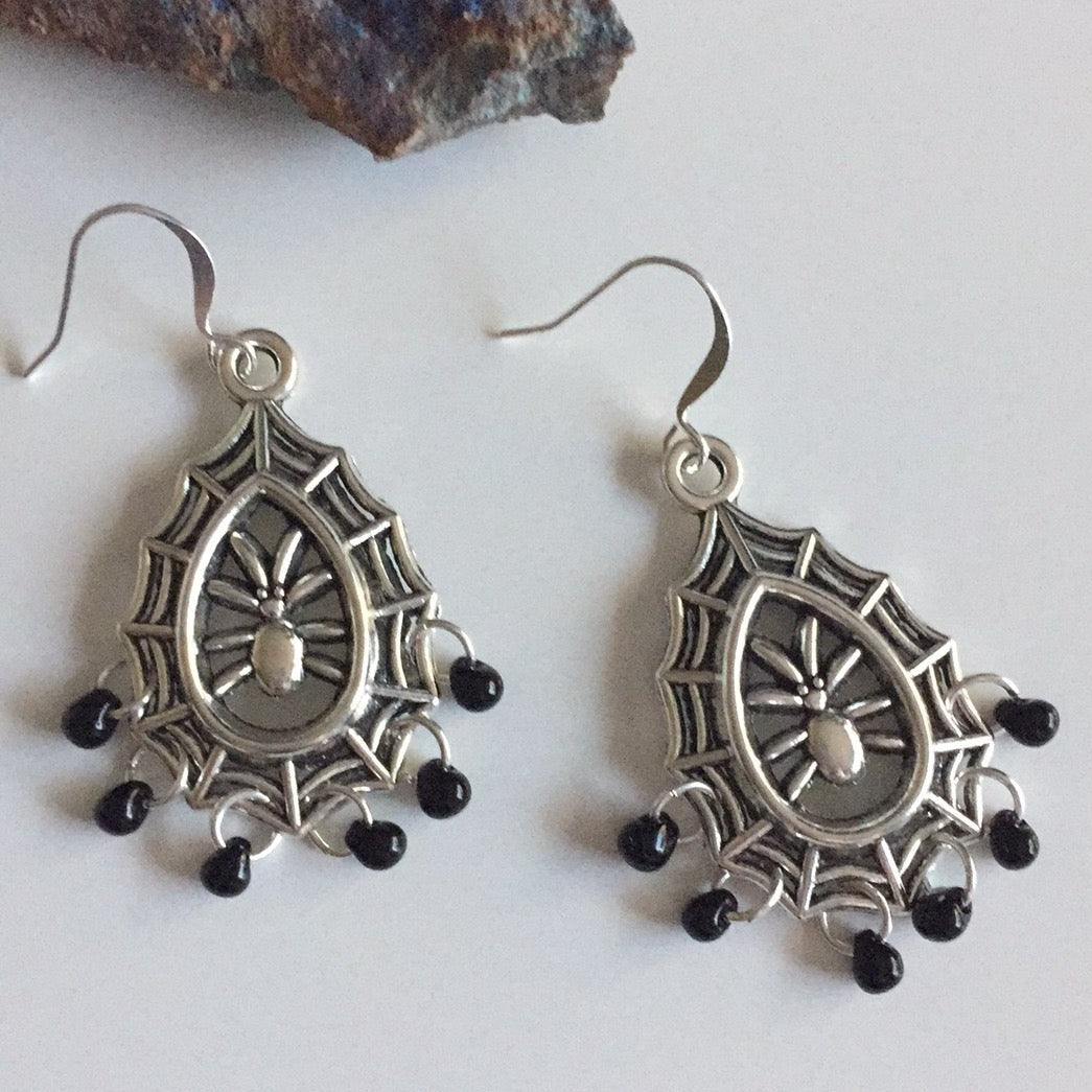 Mini Black Teardrop Glass & Spider Web Chandelier Earrings 2" Mixed Metal Halloween Women Gift Fashion Handmade Jewelry