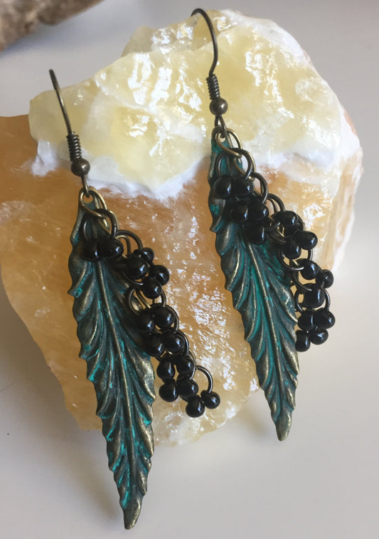 Long Metal Feather & Mini Black Glass Dangling Accent Bead Chain Earrings 2.75" Antiqued Patina Brass Southwestern