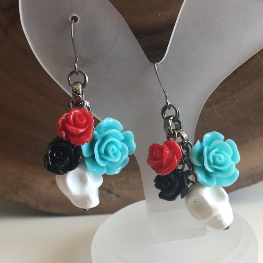 Handmade Skull & Flower Dangle Earrings 2.25" White Blue Black Red Acrylic Gunmetal Ceramic Statement Colorful