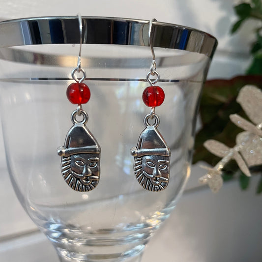 Santa Metal Charm & Round Red Glass Bead Earrings 1.75" Stocking Gift Idea Holiday Party Casual Daily