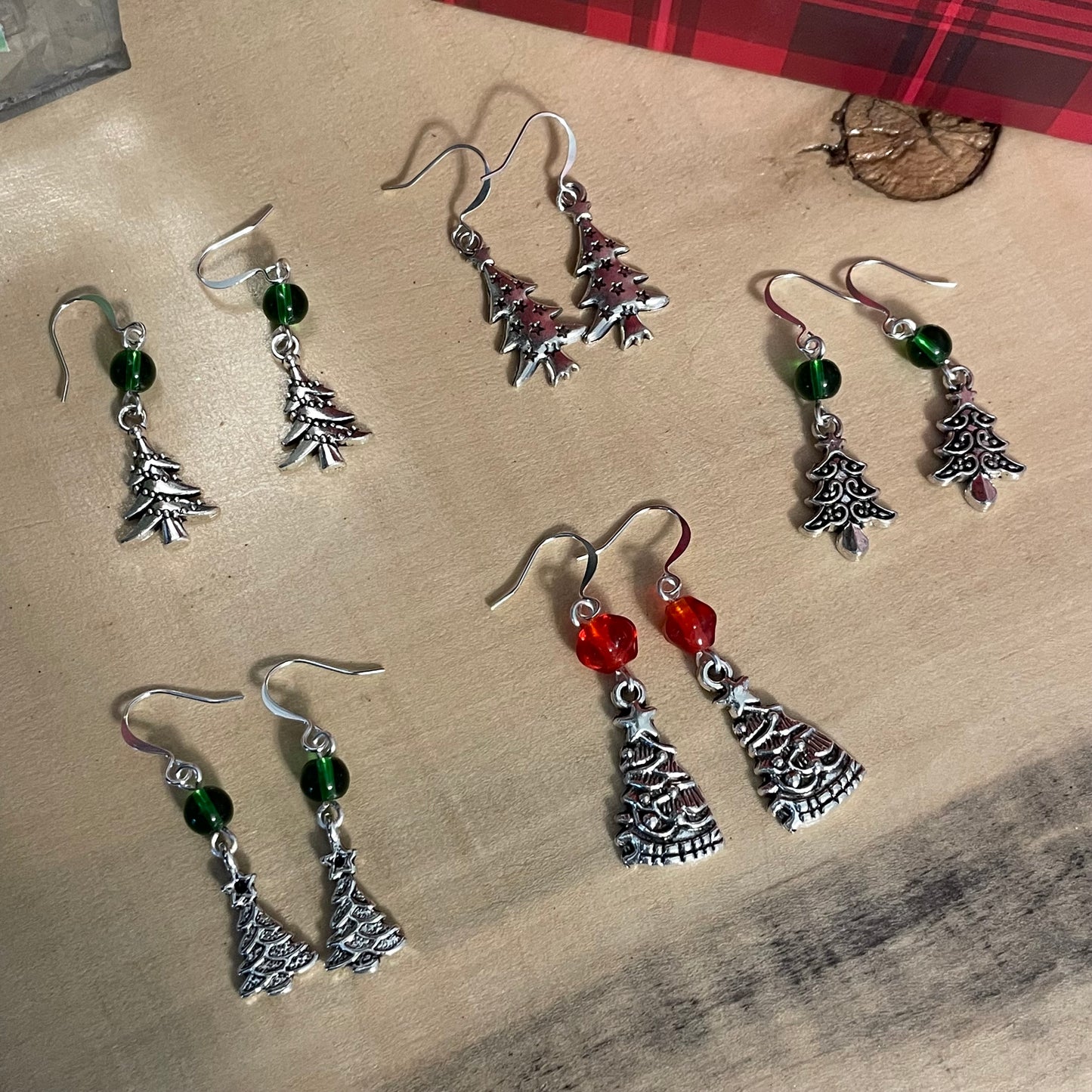 Handmade Christmas Tree Charm Earrings 2" Red Glass Bead Accent Mixed Metal Holiday Secret Santa Gift Idea