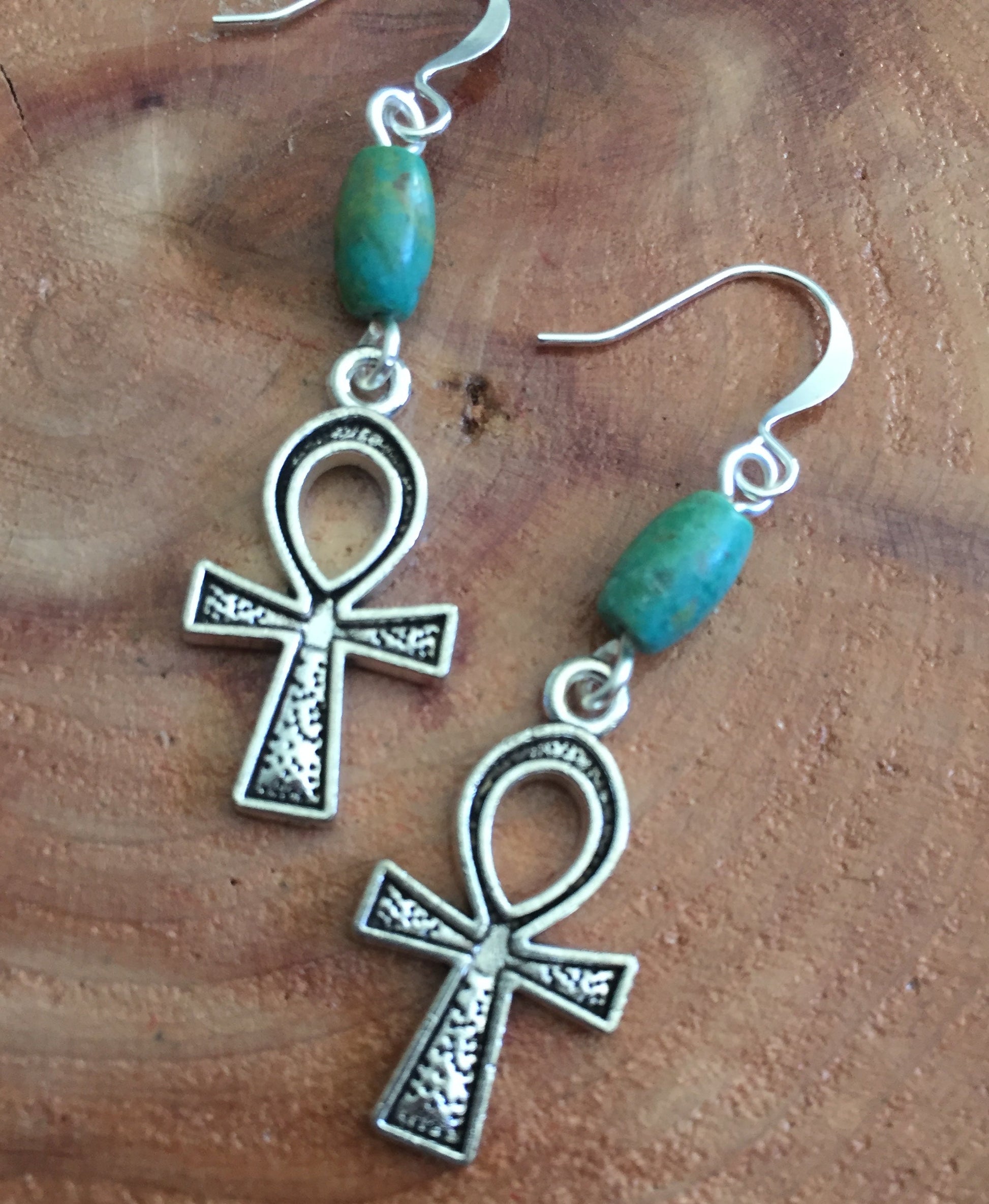 Antiqued Ankh & Marbled Turquoise Earrings Blue Green Silver Tones Dangles Texture Casual Wear