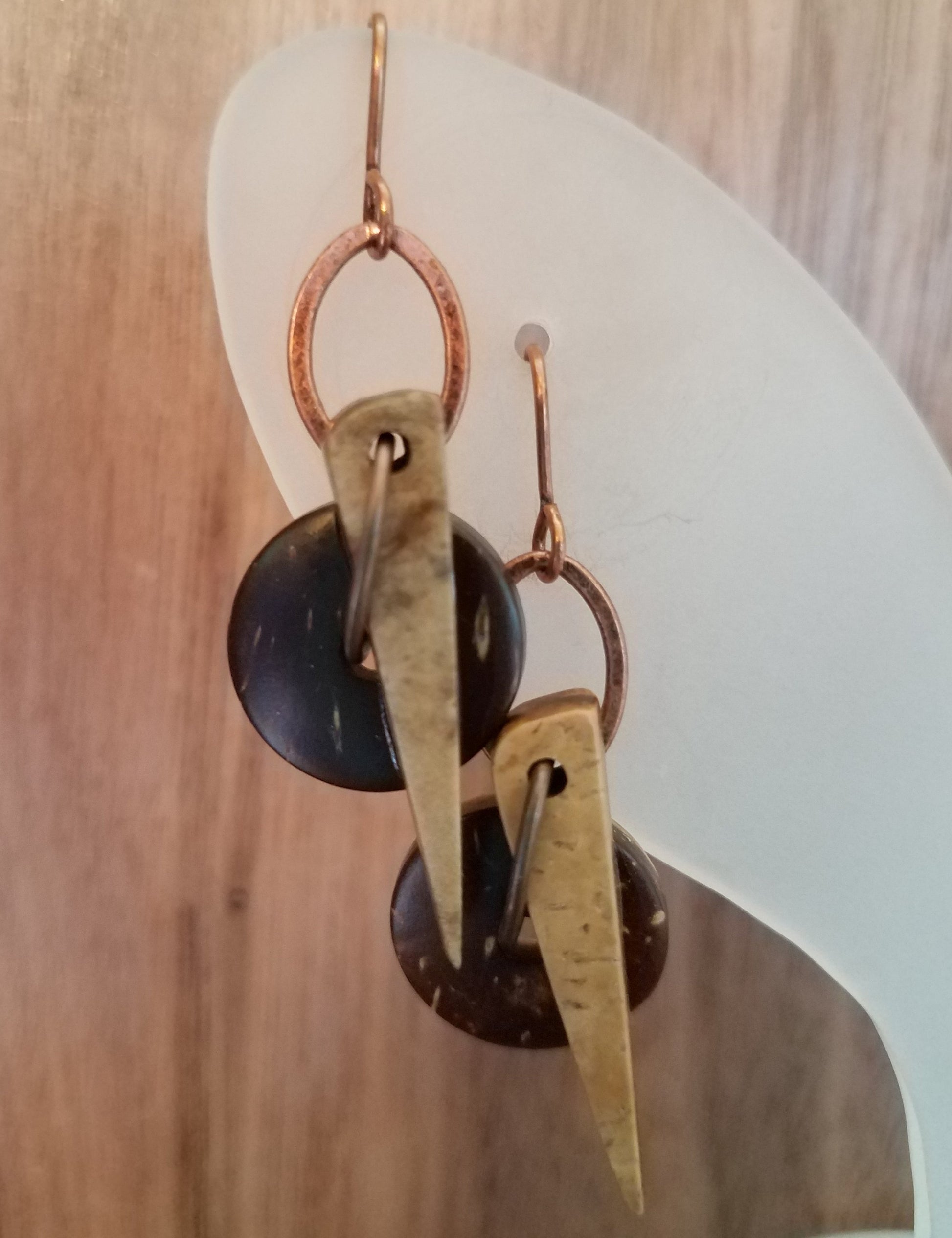 Handmade Geometric Coconut Shell Dangle Earrings Copper Upcycled Repurposed Circle Triangle Natural Asymmetric Lightweight
