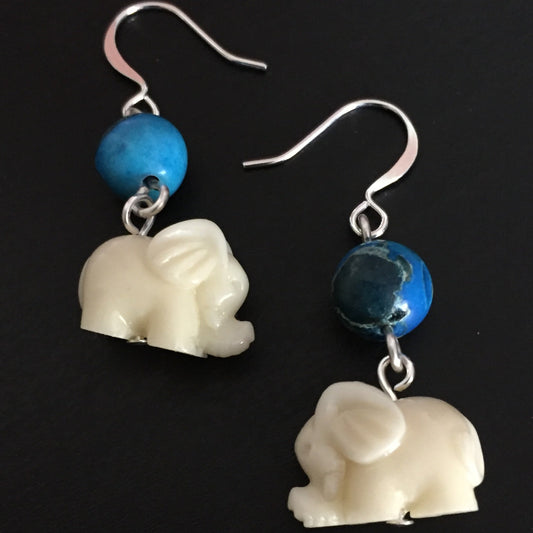 Marbled Blue Jasper & Elephant Shaped Bone Dangle Earrings 1.5" Casual Animal Theme