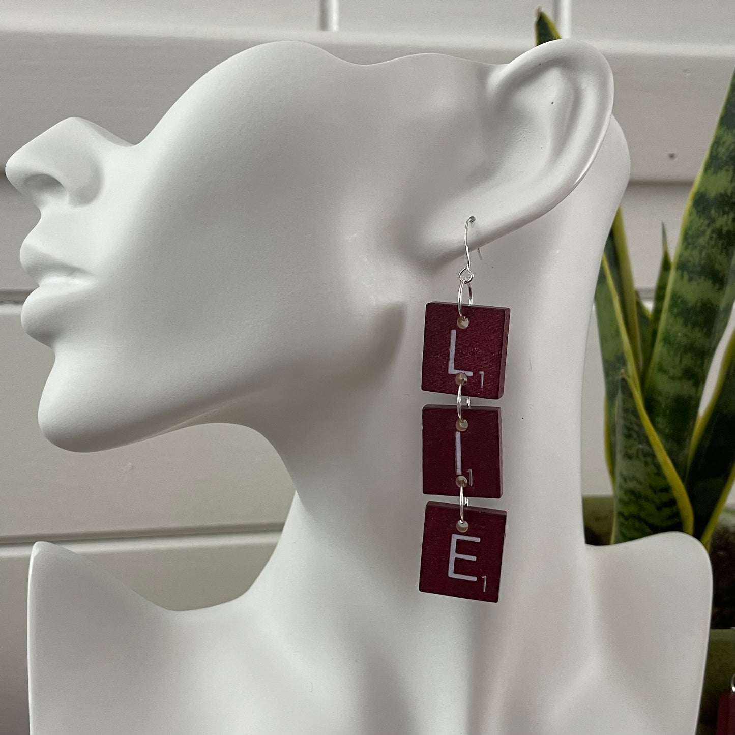 LIE Statement Dangle Earrings 3.25" Scrabble Tile Maroon Red Wood Repurposed Upcycled Fun Game OOAK