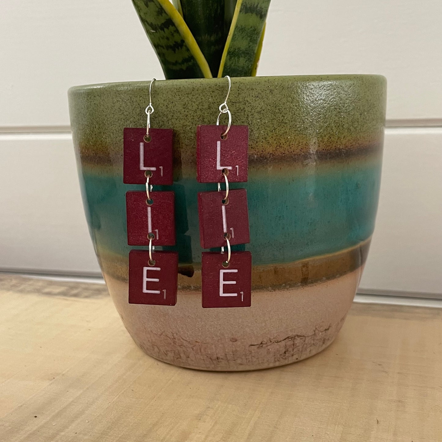 LIE Statement Dangle Earrings 3.25" Scrabble Tile Maroon Red Wood Repurposed Upcycled Fun Game OOAK