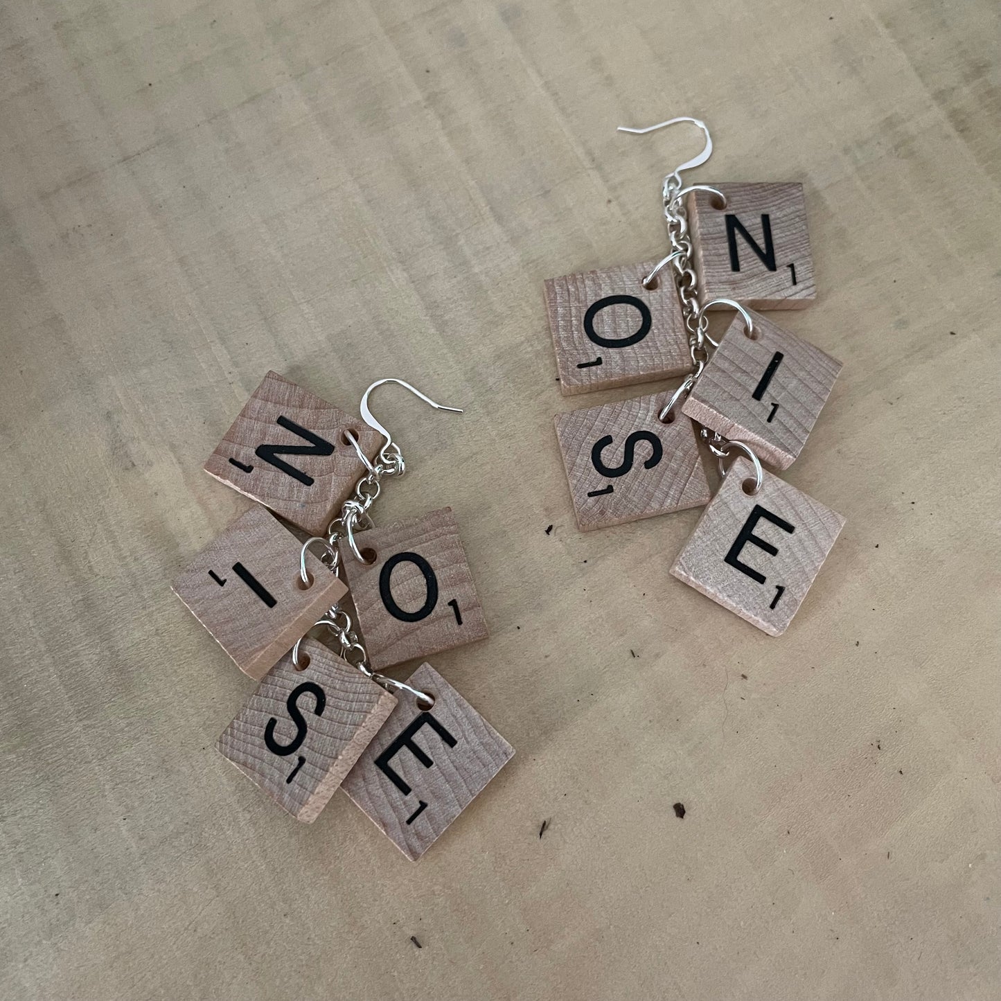 NOISE Statement Dangle Earrings 3.5" Scrabble Tile Tan Wood Repurposed Upcycled Fun Game OOAK