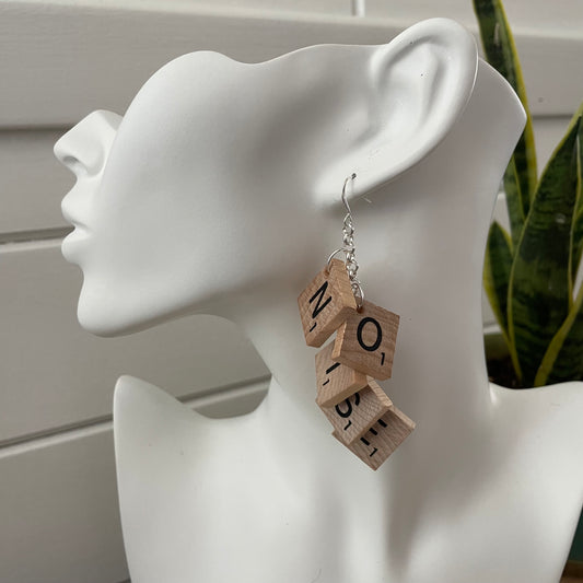 NOISE Statement Dangle Earrings 3.5" Scrabble Tile Tan Wood Repurposed Upcycled Fun Game OOAK