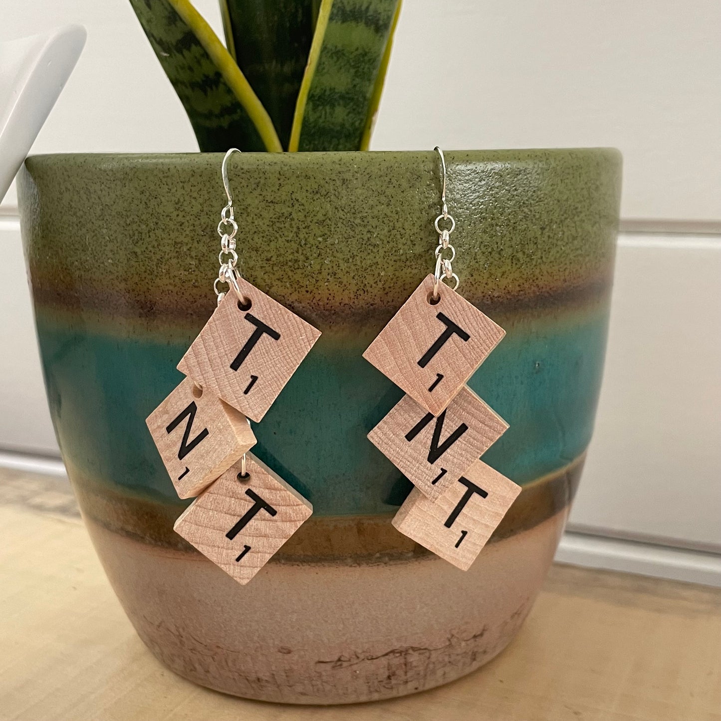 TNT Statement Dangle Earrings 3.25" Scrabble Tile Tan Wood Repurposed Upcycled Fun Game OOAK