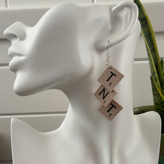 TNT Statement Dangle Earrings 3.25" Scrabble Tile Tan Wood Repurposed Upcycled Fun Game OOAK