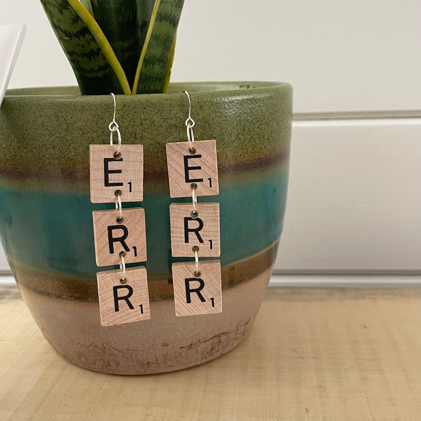 ERR Statement Dangle Earrings 3.25" Scrabble Tile Tan Wood Repurposed Upcycled Fun Game OOAK