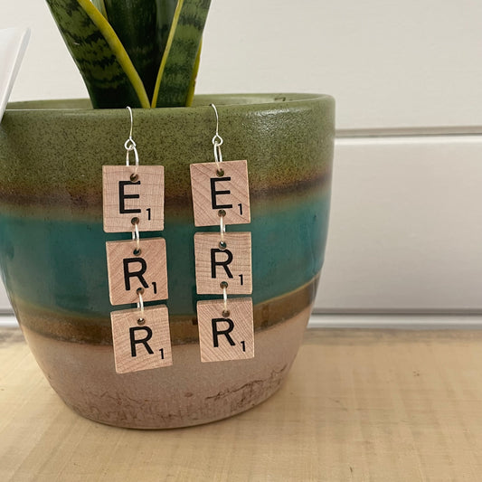 ERR Statement Dangle Earrings 3.25" Scrabble Tile Tan Wood Repurposed Upcycled Fun Game OOAK