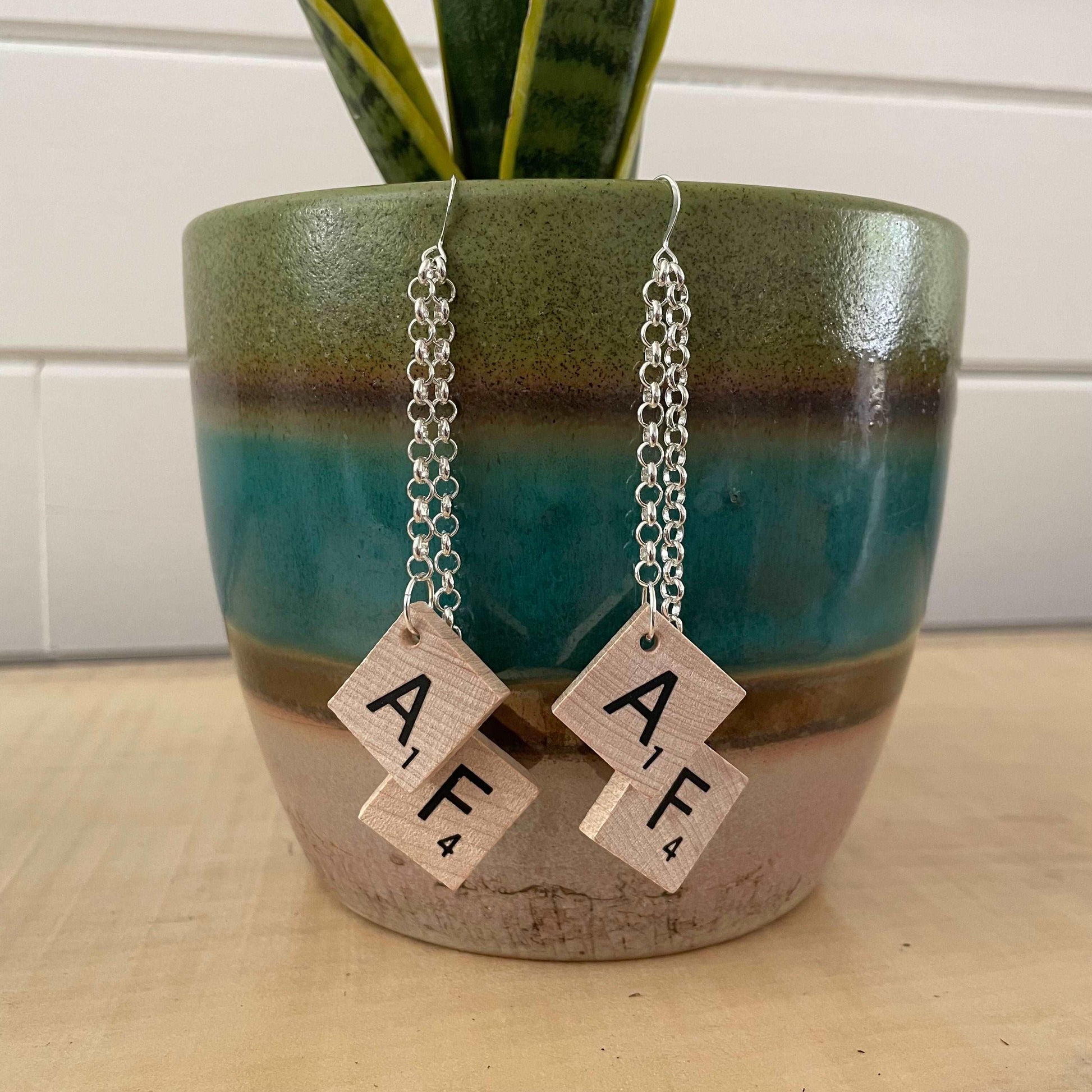 AF Long Statement Dangle Earrings 4" Scrabble Tile Tan Wood Repurposed Upcycled Fun Game OOAK