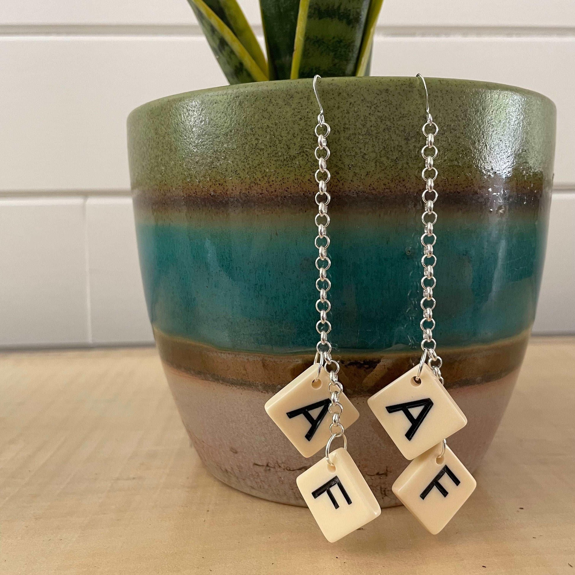 AF Long Statement Earrings 4.75" Letter Game Tile Cream Resin Repurposed Upcycled Fun Game OOAK
