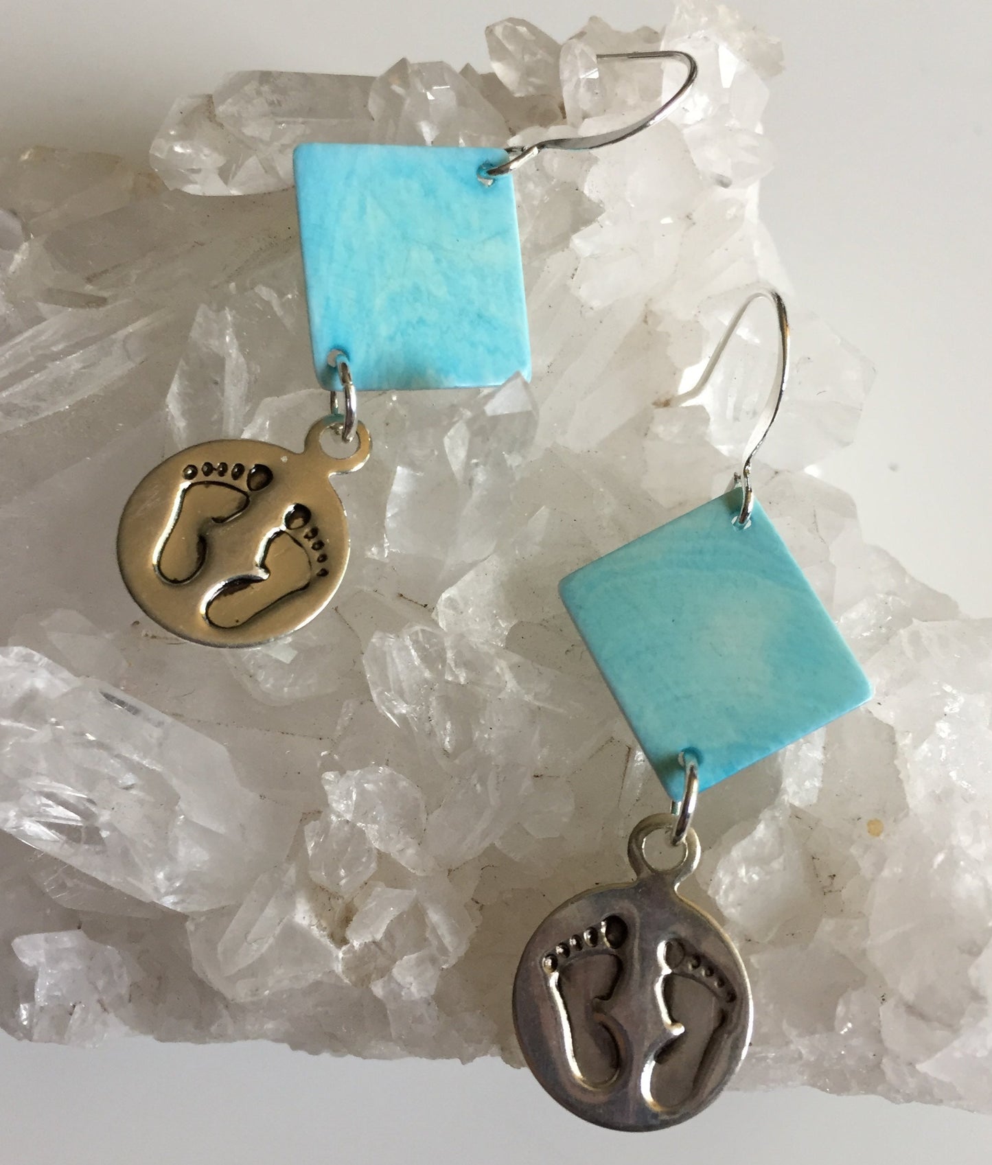 Handmade Stamped Baby Footprint & Pastel Pale Blue Shell Earrings Geometric New Mom Gift Baby Shower Lightweight Boy Girl