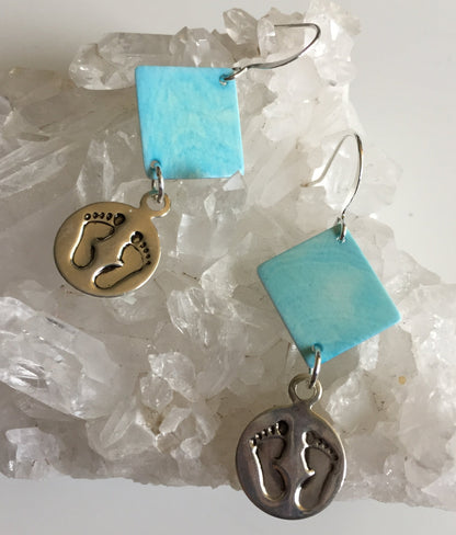 Handmade Stamped Baby Footprint & Pastel Pale Blue Shell Earrings Geometric New Mom Gift Baby Shower Lightweight Boy Girl