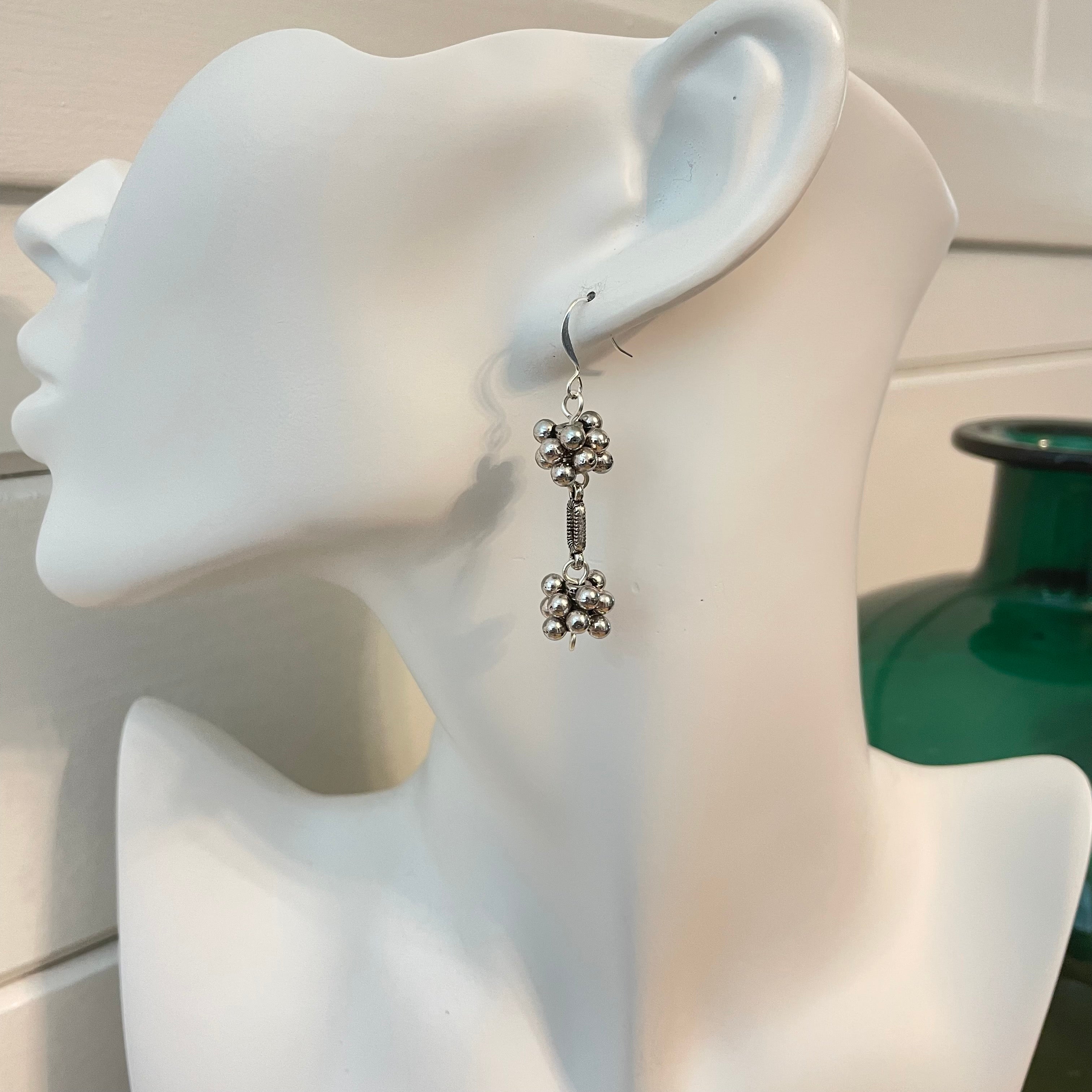 Stacked Rondelle Drop Earrings 2" Silver Tone Geometric Texture Mixed Metallic