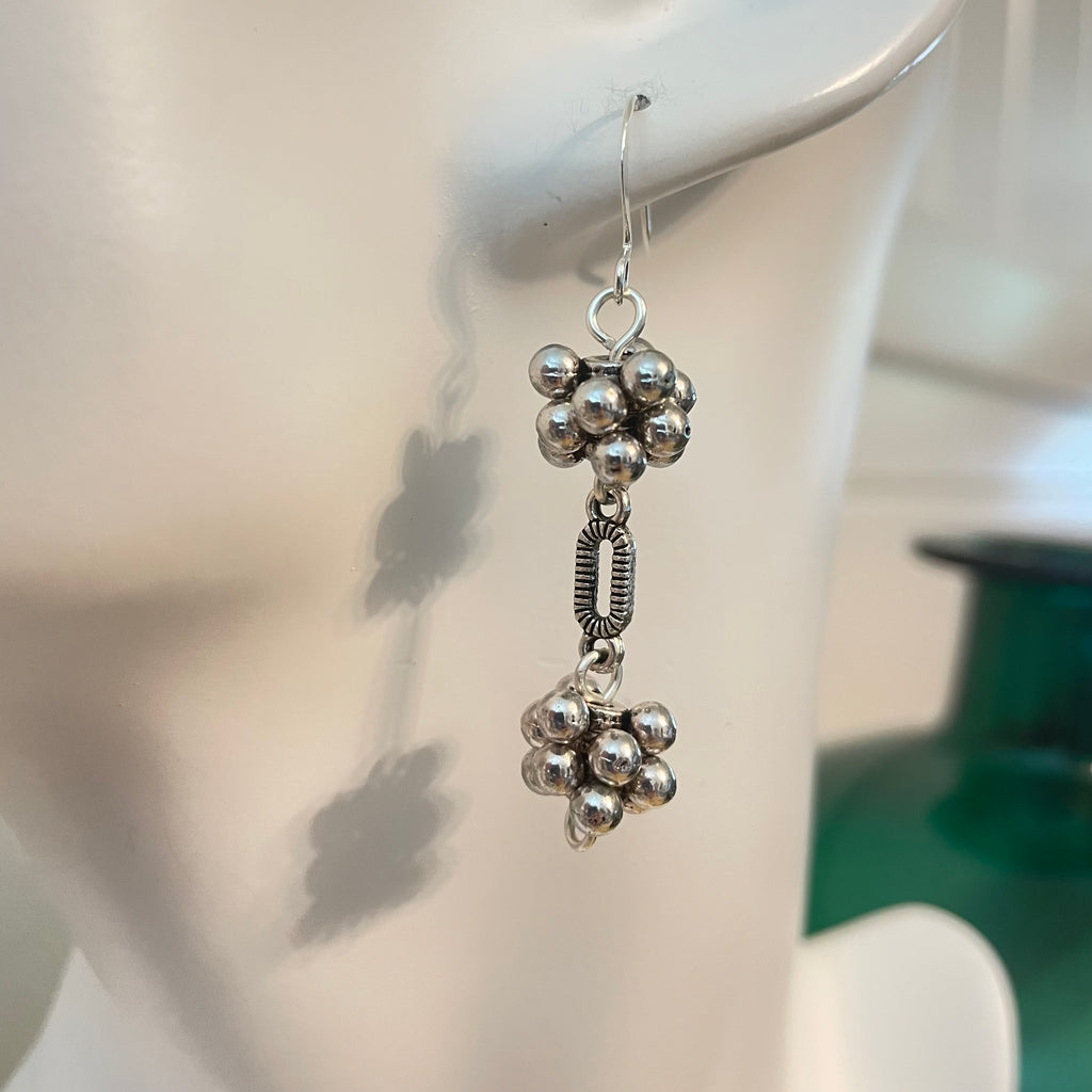 Stacked Rondelle Drop Earrings 2" Silver Tone Geometric Texture Mixed Metallic