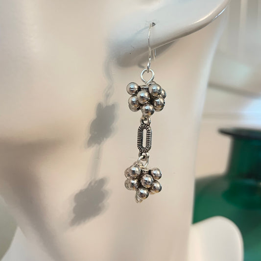 Stacked Rondelle Drop Earrings 2" Silver Tone Geometric Texture Mixed Metallic