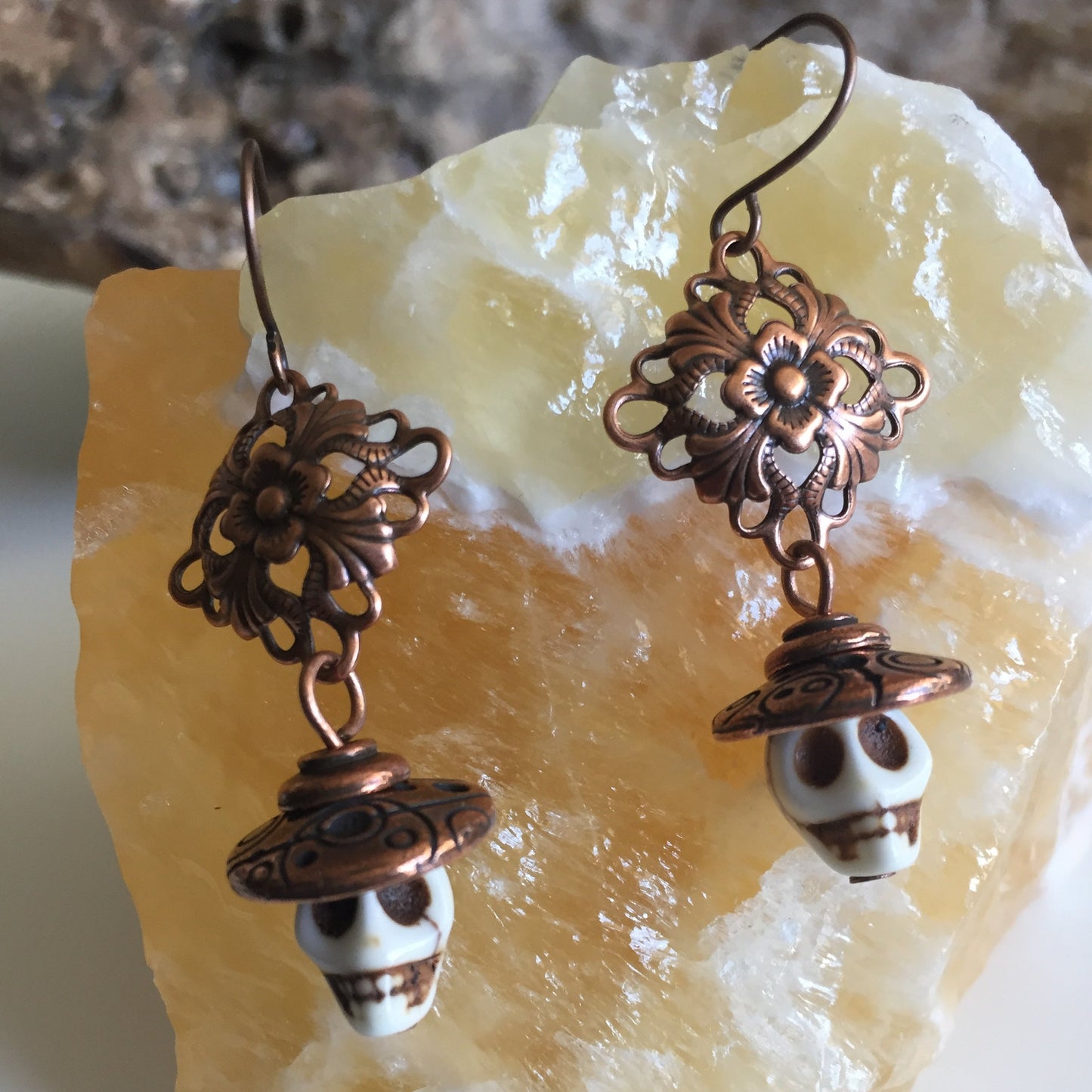 Mini Skull & Button Sombrero Drop Earrings White Magnesite Copper Upcycled Repurposed Flower Textured