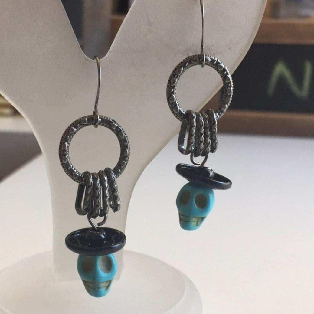 Blue Magnesite Skull & Black Snap Faux Sombrero Dangle Earrings 1.75" Gunmetal Textured Links Mini Hoop Casual