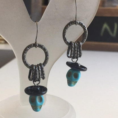 Blue Magnesite Skull & Black Snap Faux Sombrero Dangle Earrings 1.75" Gunmetal Textured Links Mini Hoop Casual