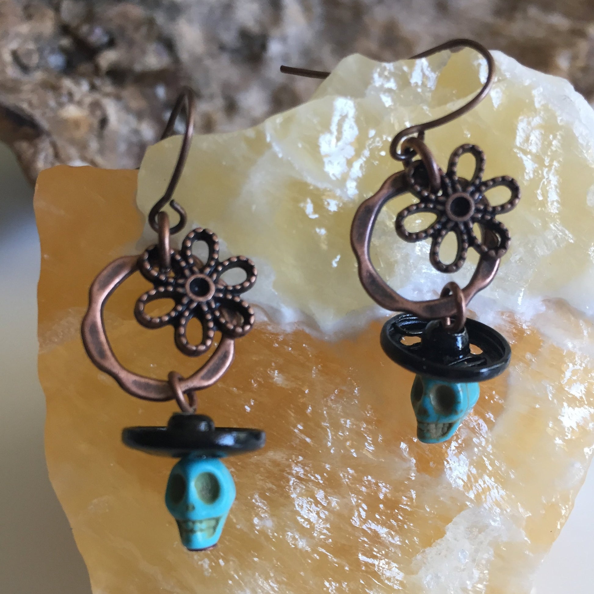 Skull Flower & Snap Sombrero Dangle Earrings Magnesite Copper Black Blue Lightweight Upcycled