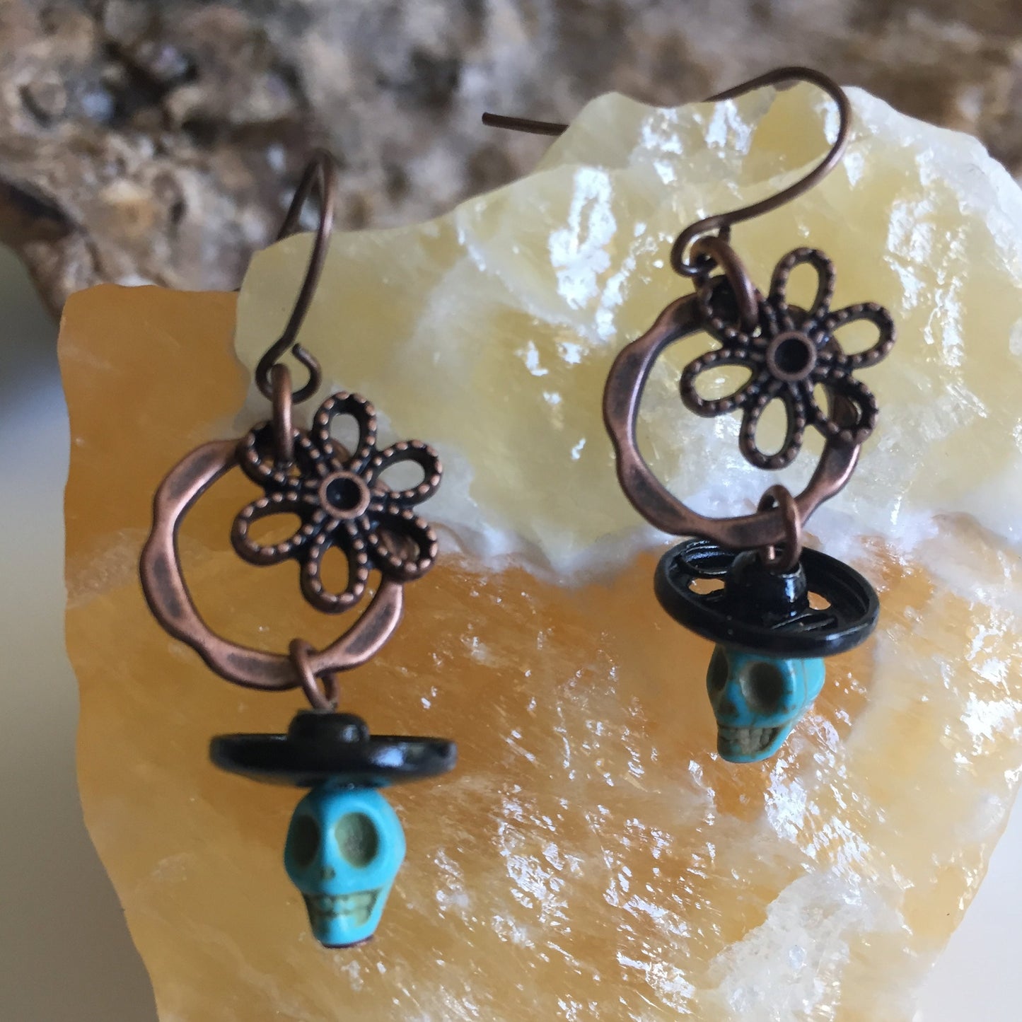 Skull Flower & Snap Sombrero Dangle Earrings Magnesite Copper Black Blue Lightweight Upcycled