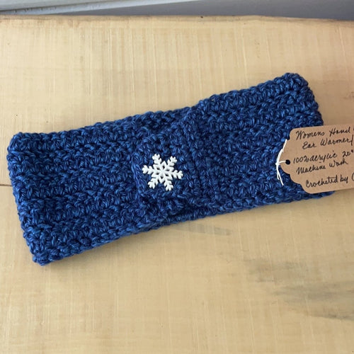 Space Blue Marble & White Snowflake Ear Warmer Headband Crochet Knit Hand Crafted Outdoor Fall Winter Hiking Running