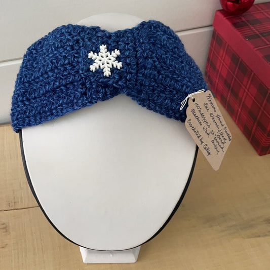 Space Blue Marble & White Snowflake Ear Warmer Headband Crochet Knit Hand Crafted Outdoor Fall Winter Hiking Running