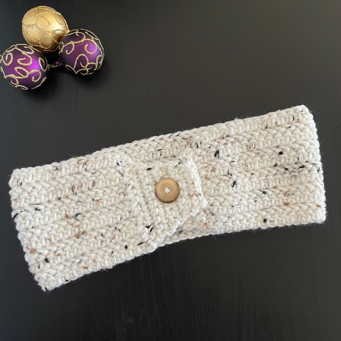 Speckled Cream Tweed & Tan Button Ear Warmer Headband Crochet Knit Hand Crafted Outdoor Fall Winter Hiking Running