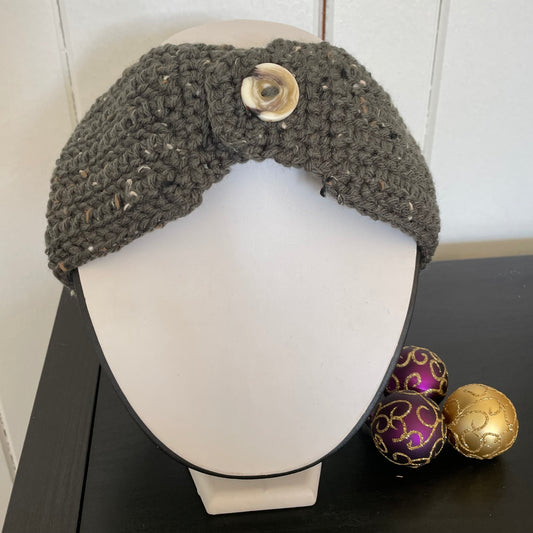 Charcoal Green Tweed & Marbled Cream Button Ear Warmer Headband Crochet Knit Hand Crafted Outdoor Fall Winter Hiking Running--displayed as worn