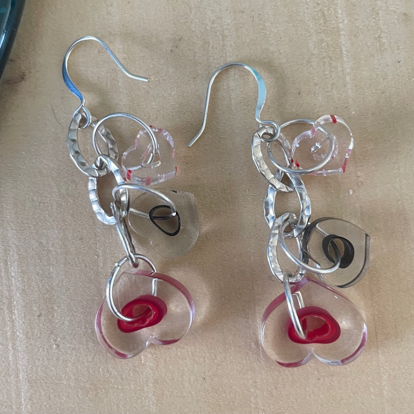 Handmade Cain Glass Heart & Chain Dangle Earrings 2.25" Clear Black Red Stripe Valentine's Love Statement Women Fashion Jewelry