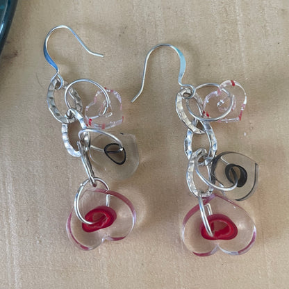 Handmade Cain Glass Heart & Chain Dangle Earrings 2.25" Clear Black Red Stripe Valentine's Love Statement Women Fashion Jewelry