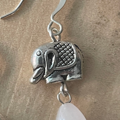 Handmade Rose Quartz Drop & Mini Pewter Elephants Dangle Earrings Women's Jewelry Casual Everyday Mom Sister Aunt Gift Birthday Holiday