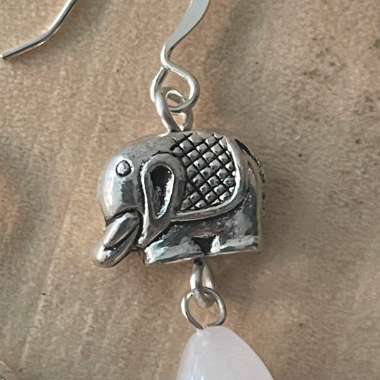 Handmade Rose Quartz Drop & Mini Pewter Elephants Dangle Earrings Women's Jewelry Casual Everyday Mom Sister Aunt Gift Birthday Holiday
