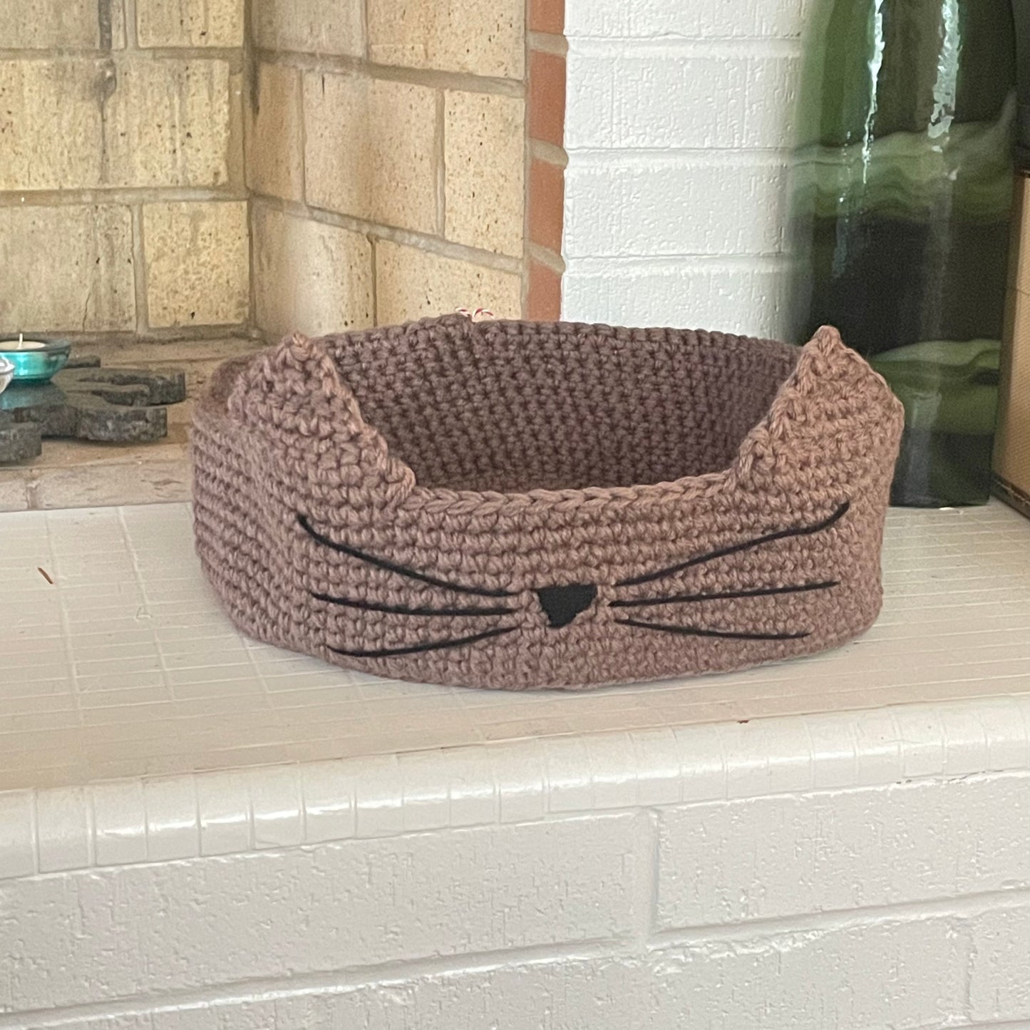 Medium Cat Bed in Taupe & Black Nose 13.5" Hand Crocheted Pet Furbaby Gift Cat Mom Dad Knit Animal Lover