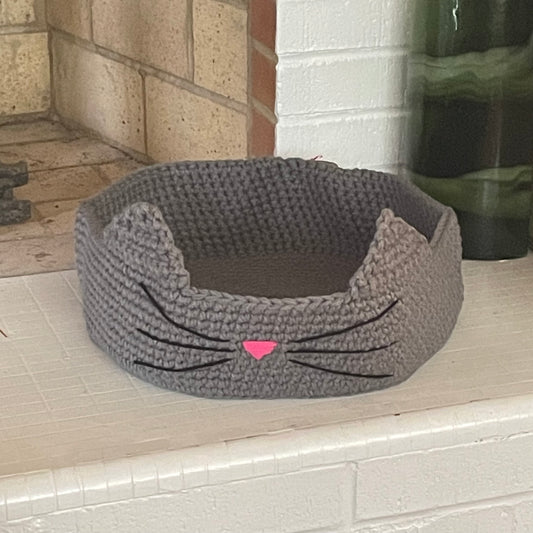 Medium Cat Bed in Gray Grey & Pink Nose 13.5" Hand Crocheted Pet Furbaby Gift Cat Mom Dad Knit Animal Lover