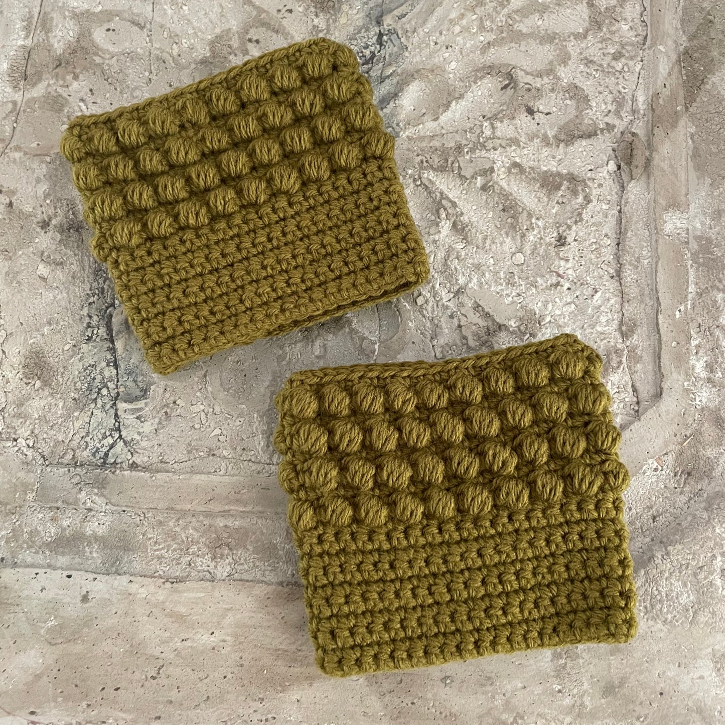 Boot Cuffs in Olive Green Puff Stitch 12" Hand Crocheted Knit Fall Winter Hiking Indoor Outdoor Cozy