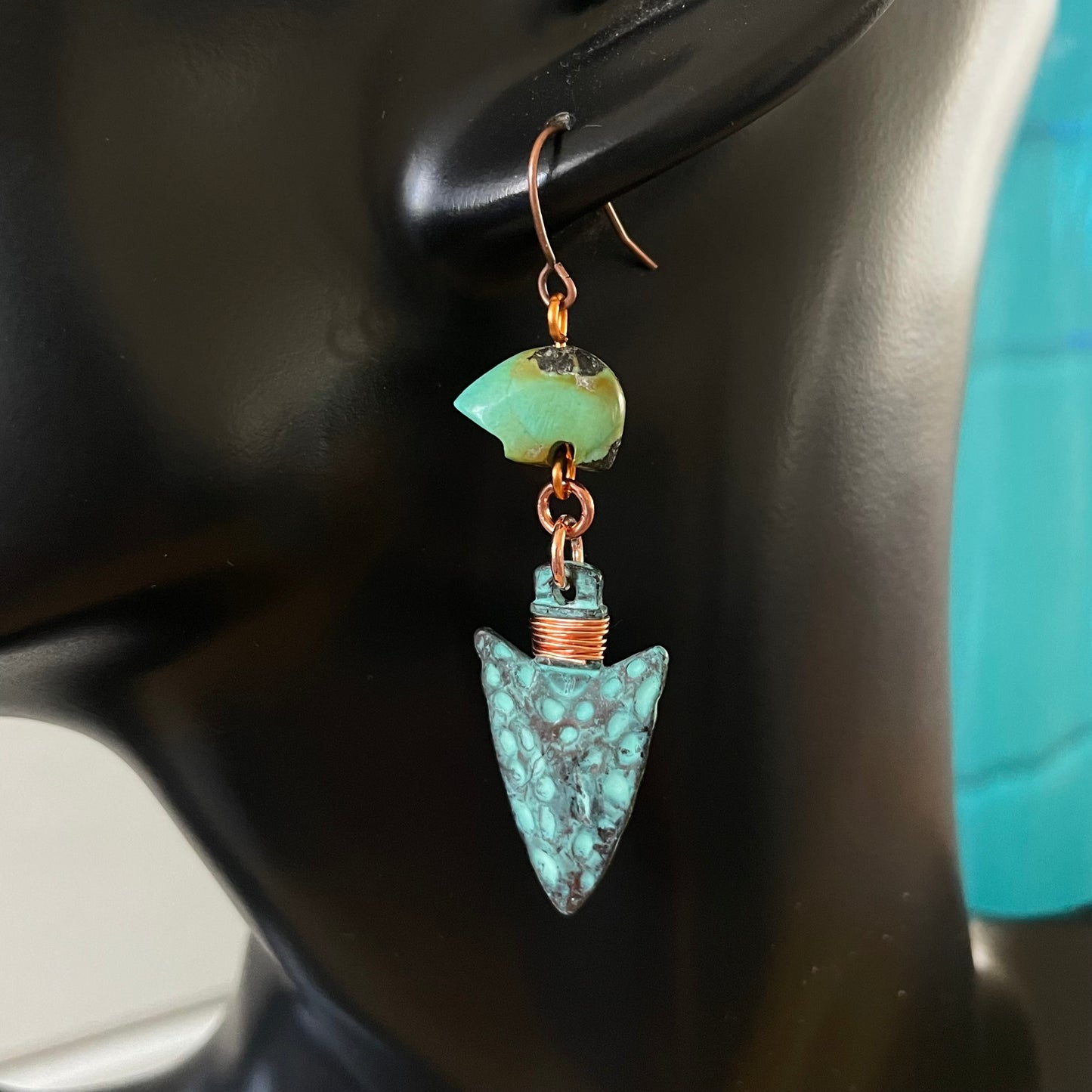Handmade Carved Turquoise Bear & Arrowhead Earrings 2.5" Hammered Texture Copper Patina Southwestern Western