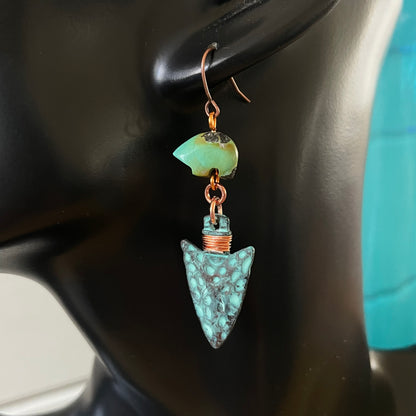 Handmade Carved Turquoise Bear & Arrowhead Earrings 2.5" Hammered Texture Copper Patina Southwestern Western