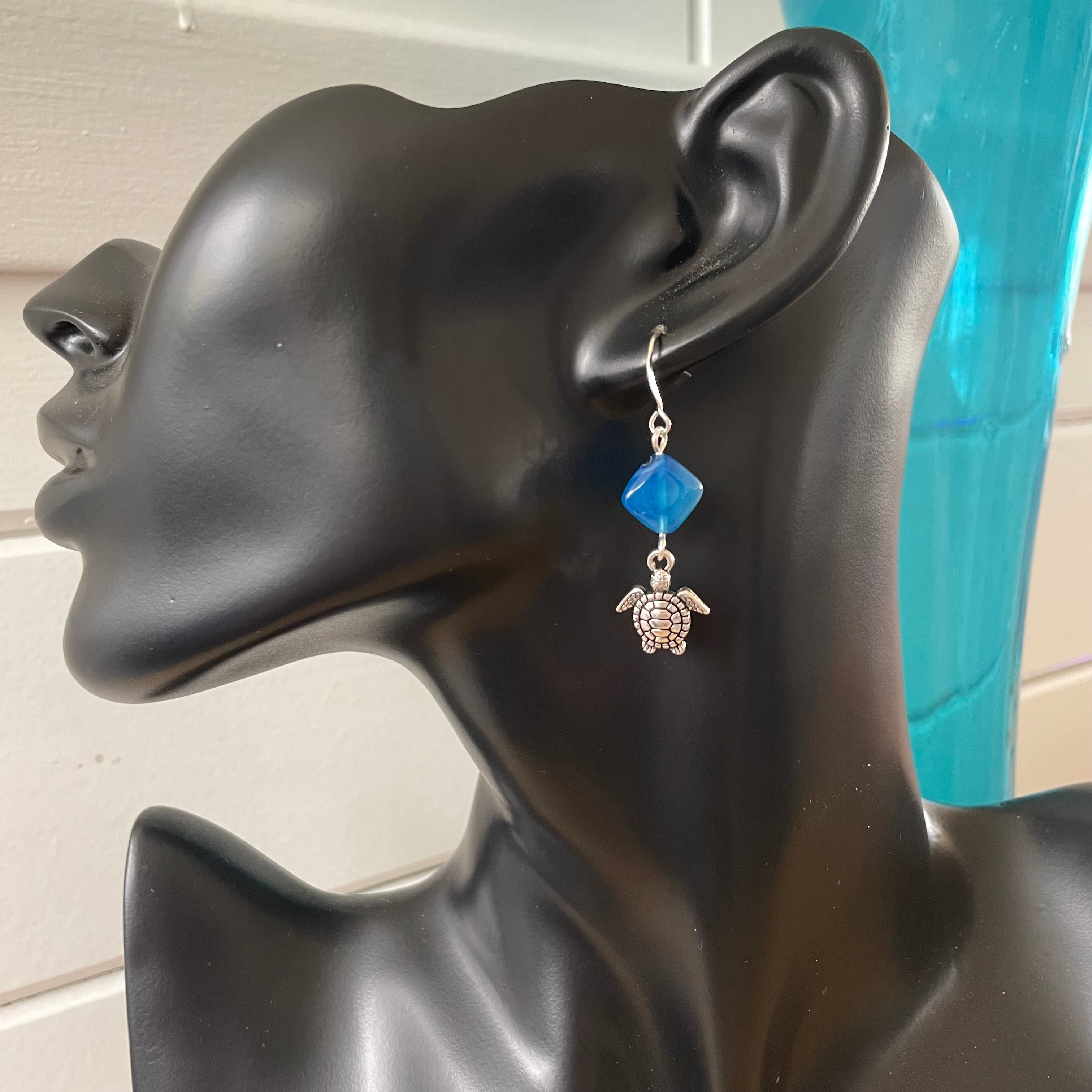 Handmade Blue Agate & Turtle Charm Earrings 1.75"  Geometric Ocean Sea Life Mixed Metal Minimalist Women Gift Everyday Fashion Jewelry