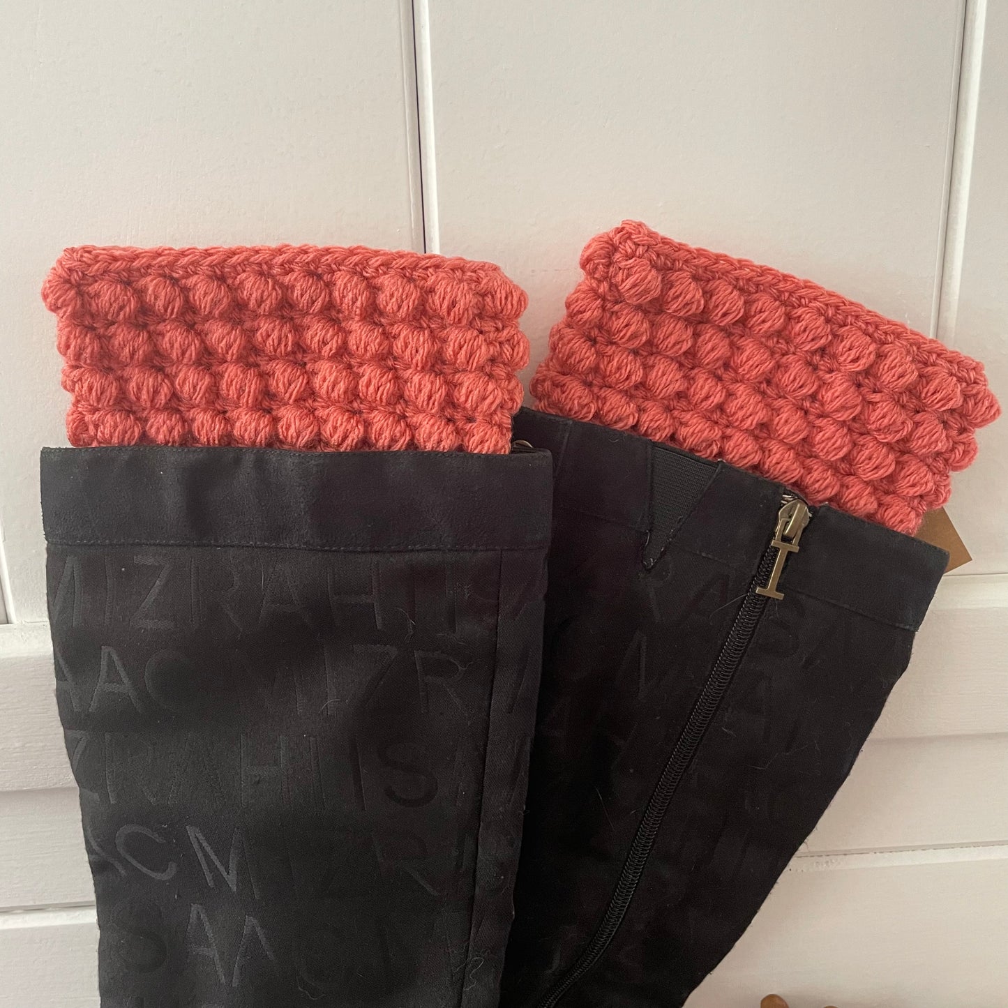 Boot Cuffs in Rusty Salmon Puff Stitch 11.5" Hand Crocheted Knit Fall Winter Hiking Indoor Outdoor Cozy Leg Warmers