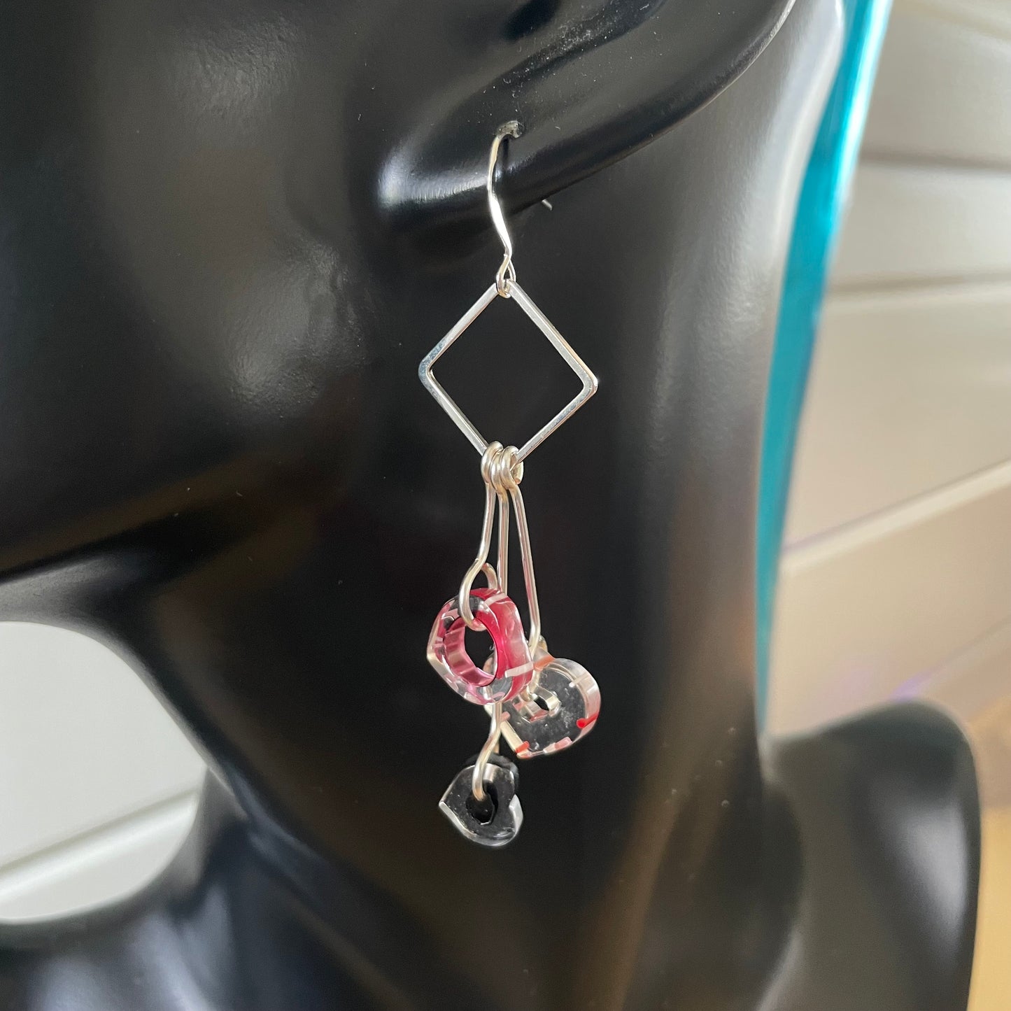 Cane Glass Heart Dangle Earrings 2.5" Long Geometric Clear Red White Black Stripes Valentine's Red Clear Black Layered