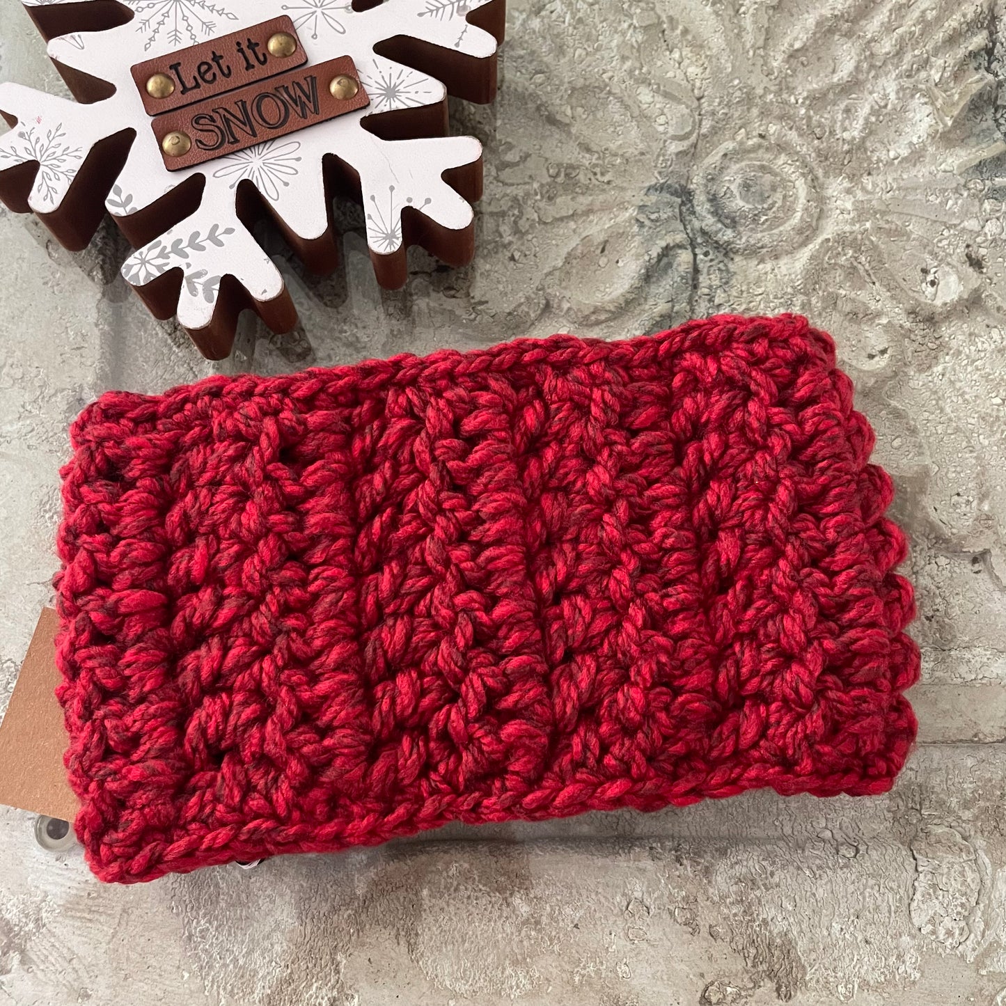 Extra Warm Marbled Red Wine Hand Crocheted Ear Warmers Wide Band 22" Headband Fall Winter Maroon Outdoor
