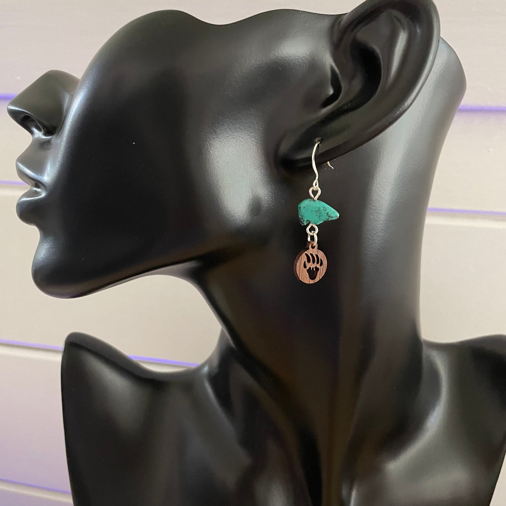 Turquoise Bear & Wood Carved Bear Claw Drop Earrings 1.5" Animals Nature Minimalist Lightweight Women Gift Everyday Fashion Handmade Jewelry